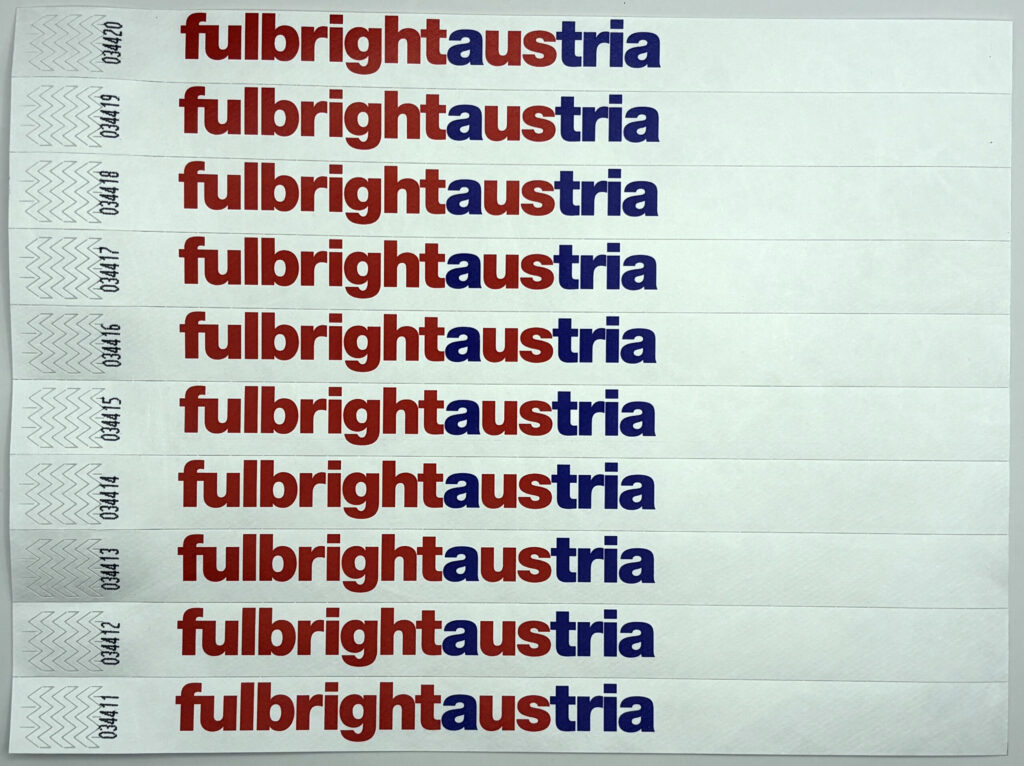 Bogen mit 10 individuell bedruckten Tyvek-Einlassbändern, jeweils perforiert zum einfachen Abreißen und mit fortlaufender Nummerierung